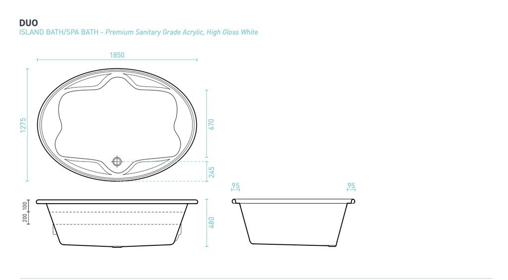 Decina Duo Santai 12 Jet Spa Inset Bath 1850mm - Gloss White