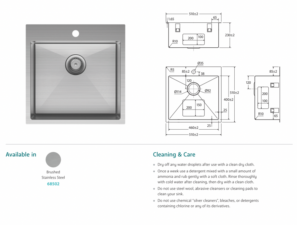 Fienza Hana 42L Laundry Sink, No Overflow Stainless Steel