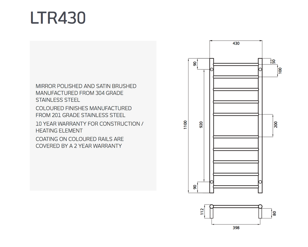 Radiant Heating Round Bars Non Heated Towel Rails Matte Black 430 x 1100
