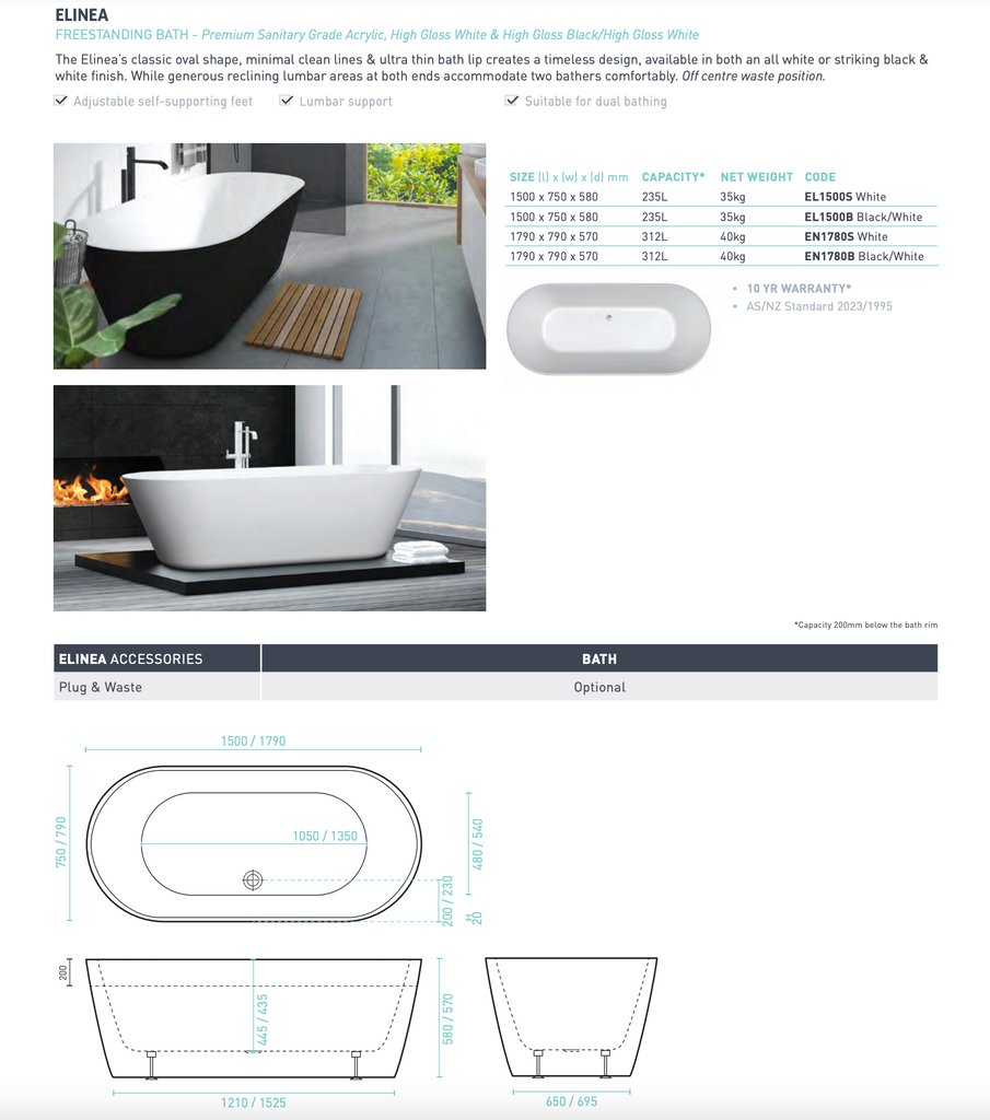 Decina Elinea Freestanding Bath 1500 1790mm - Black