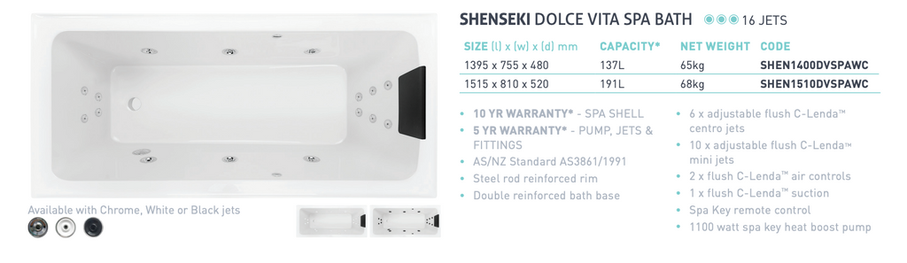 Decina Shenseki Dolce Vita 16 Jet Inset Bath 1395/1515mm - Gloss White