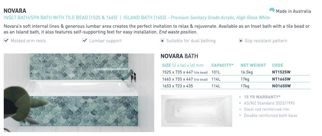 Decina Novara Inset Bath 1525/1653/1665mm - Gloss White