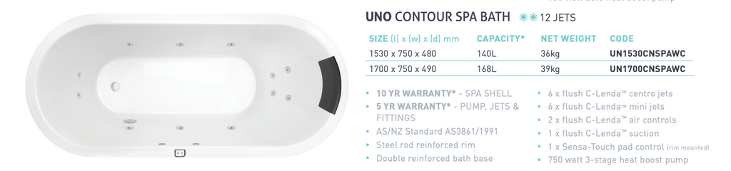 Decina Uno Contour 12 Jet Inset Spa Bath 1530/1700mm - Gloss White