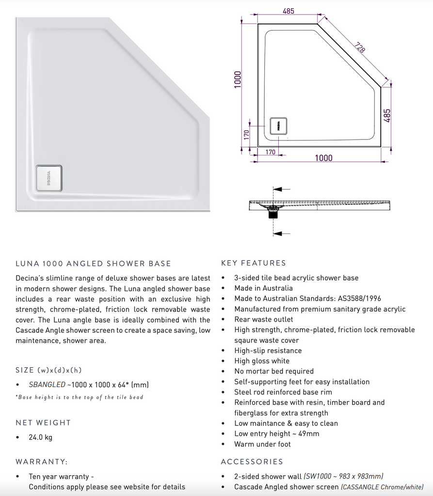 Decina Luna 1000mm Angled Shower Base