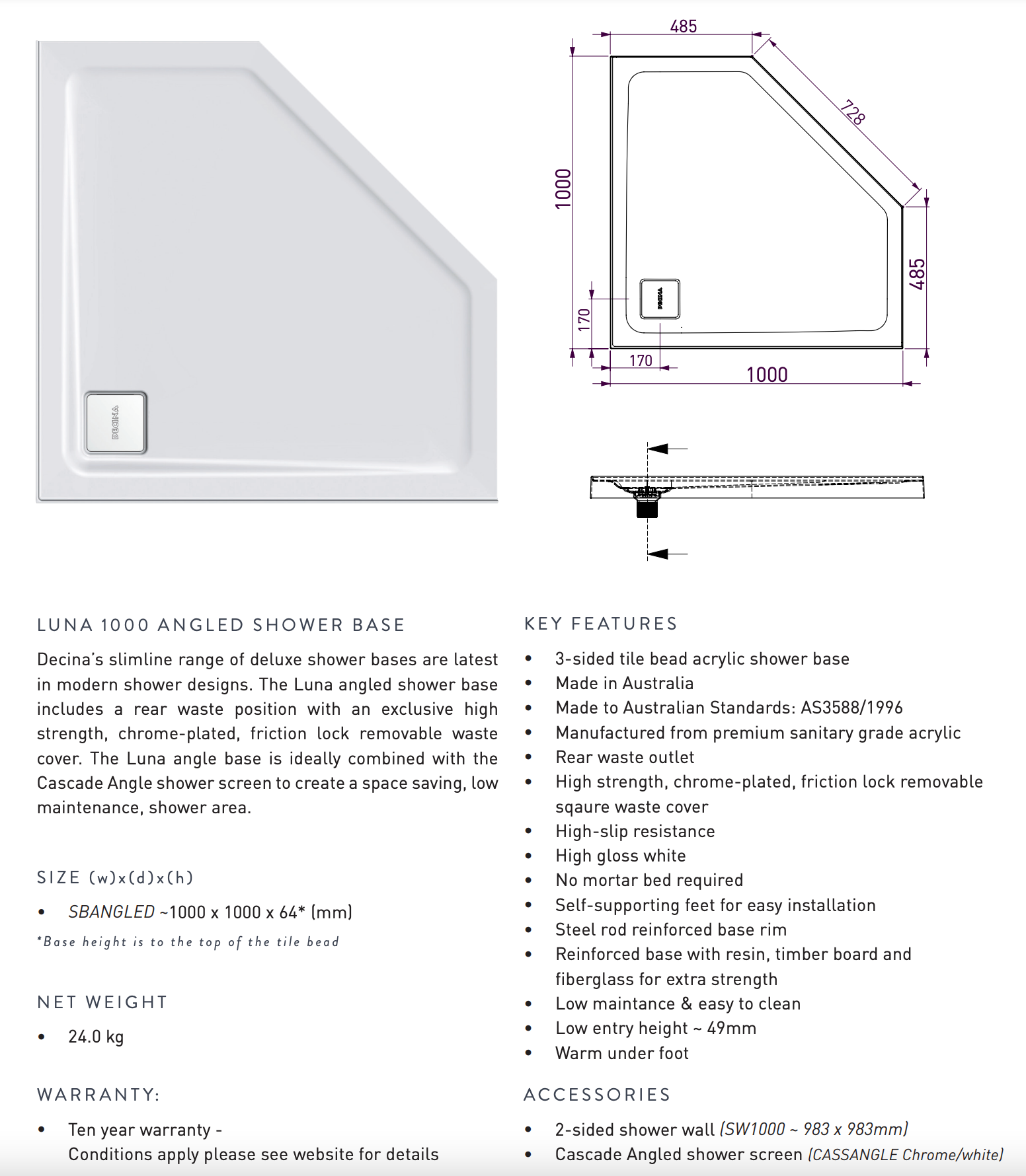 Decina Luna 1000mm Angled Shower Base – Wellsons