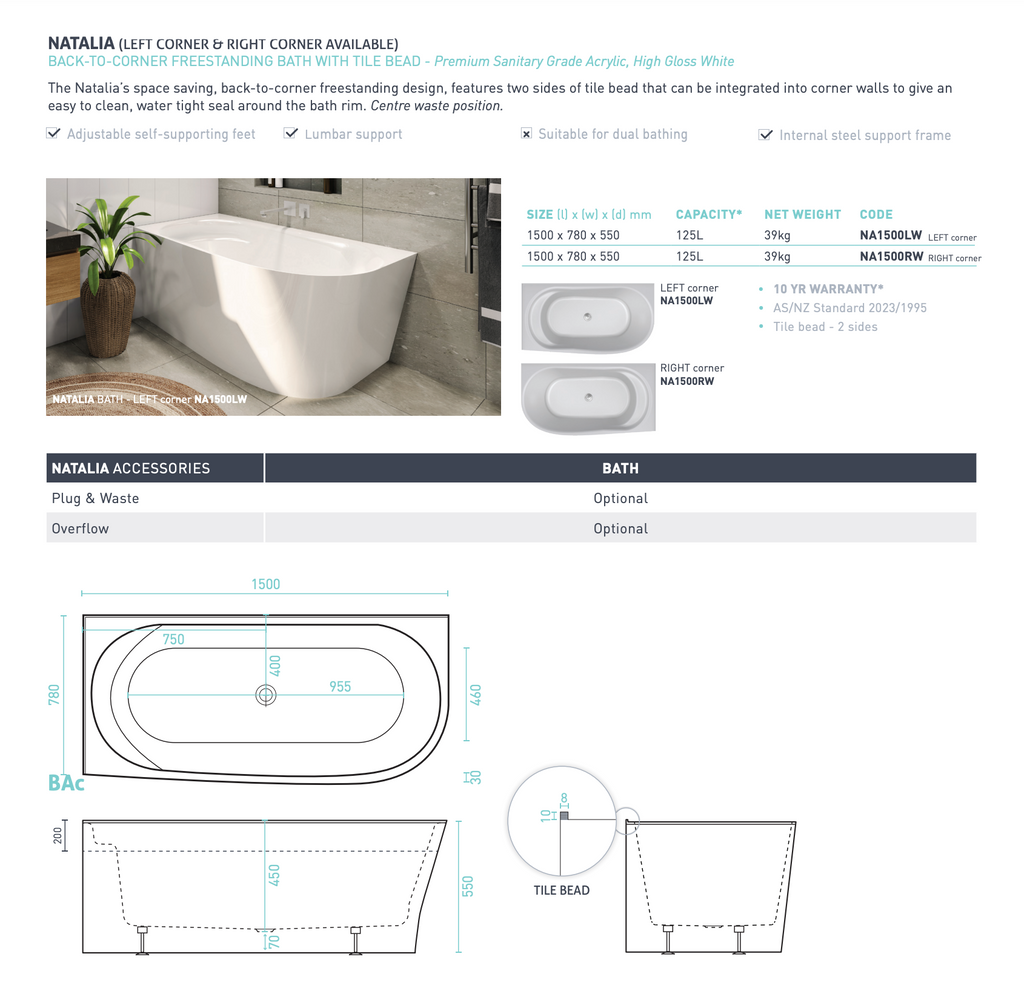 Decina Natalie Back To Corner Freestanding Bath 1500mm - Gloss White