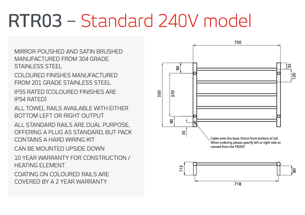 Radiant Heating Round Bars 240V Heated Towel Rails Matte Black 750 x 550