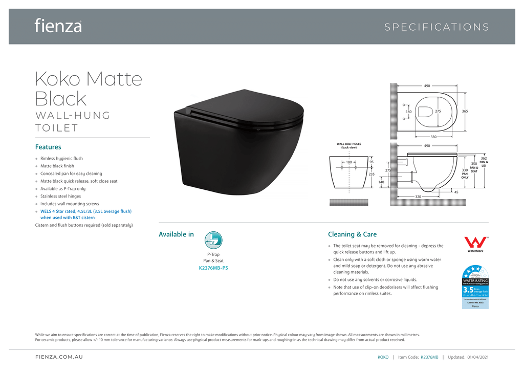 Fienza Koko Wall-Hung Suite - Matte Black - Wellsons