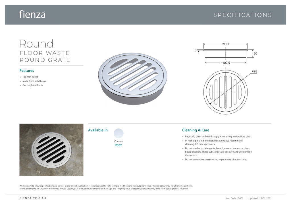 Fienza Round Floor Waste with Round Grate 100mm - Chrome - Wellsons