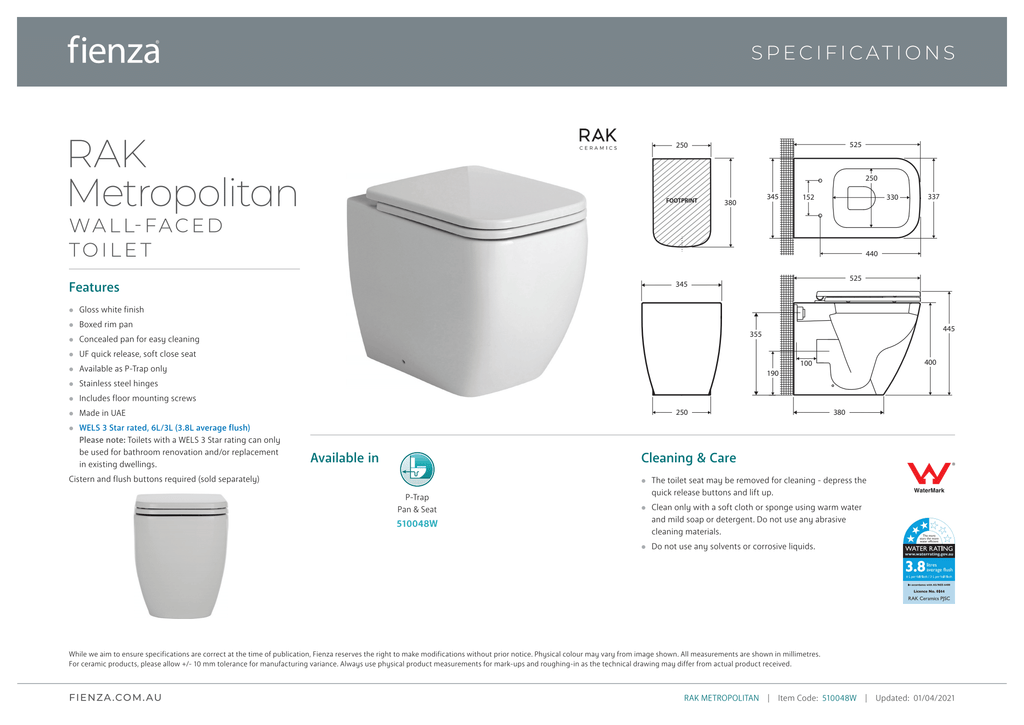 Fienza Rak Metropolitan Wall-Faced Suite - Wellsons