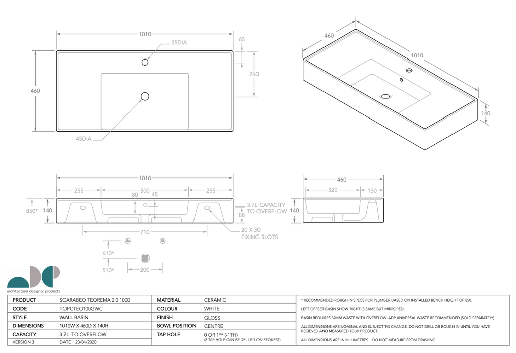 ADP Teorema Wall Center Hand Basin 1000mm - Gloss White