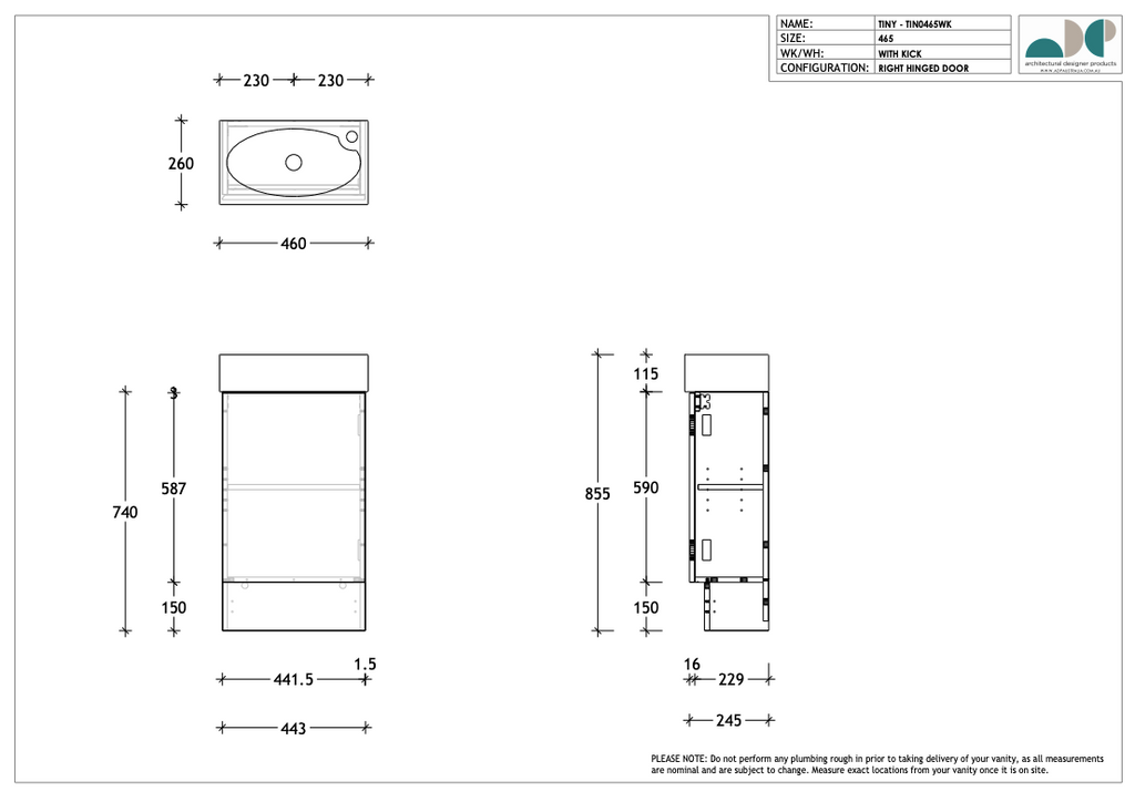 ADP Tiny Vanity with Kickboard 400mm - Wellsons
