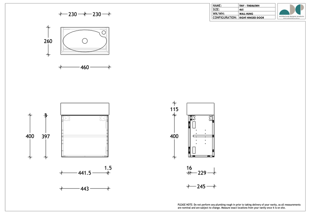 ADP Tiny Wall Hung Vanity 400mm - Wellsons