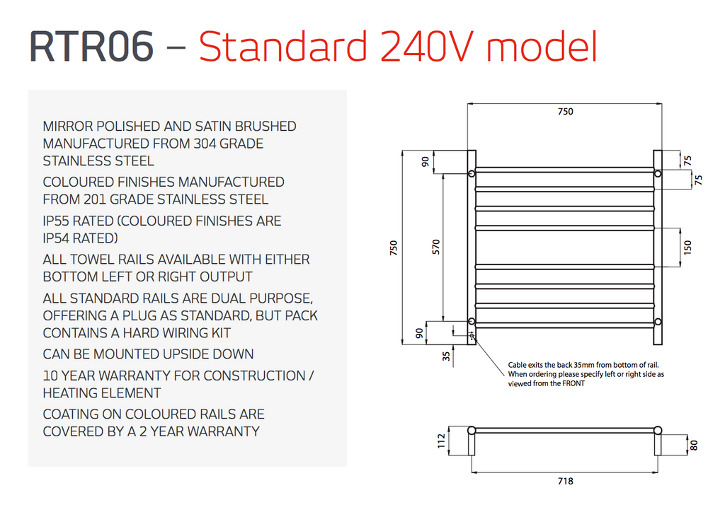 Radiant Heating Round Bars 240V Heated Towel Rails Brushed Satin 750 x 750