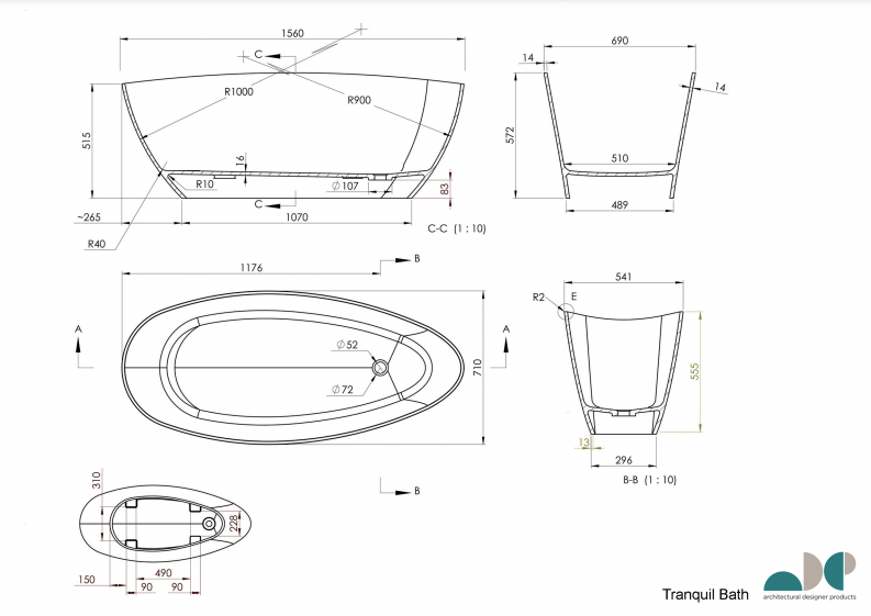 ADP Tranquil Freestanding Bath 1560mm - Gloss White - Wellsons