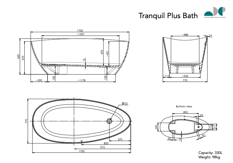 ADP Tranquil Freestanding Bath 1700mm - Gloss White - Wellsons