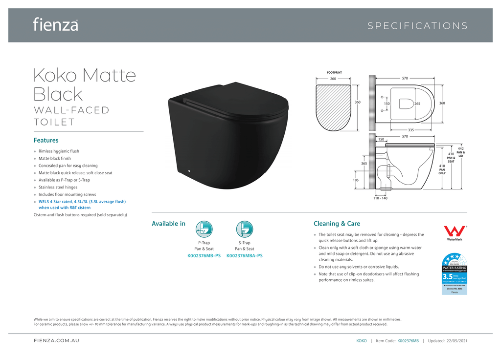 Fienza Koko Wall-Faced Suite - Matte Black - Wellsons