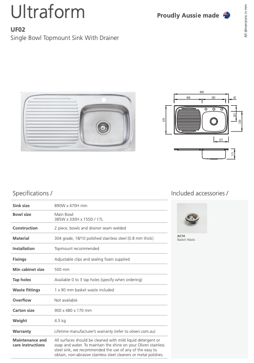 Oliveri Ultraform Single Bowl Sink With Drainer