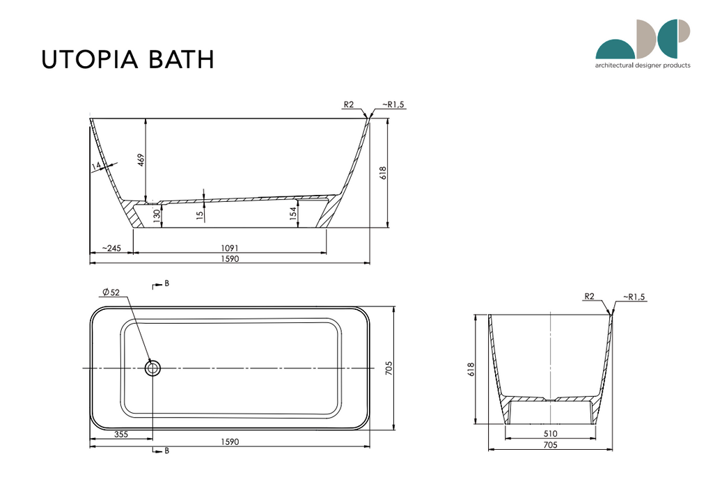 ADP Utopia Freestanding Bath 1590mm - Gloss White - Wellsons