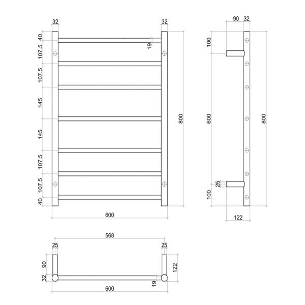Thermogroup 7 Bar Straight Round Ladder Heated Towel Rail - Stainless Steel - Wellsons