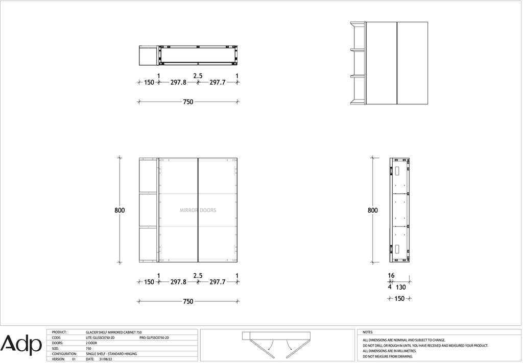 ADP Glacier Shelf Shaving Cabinet - Pro