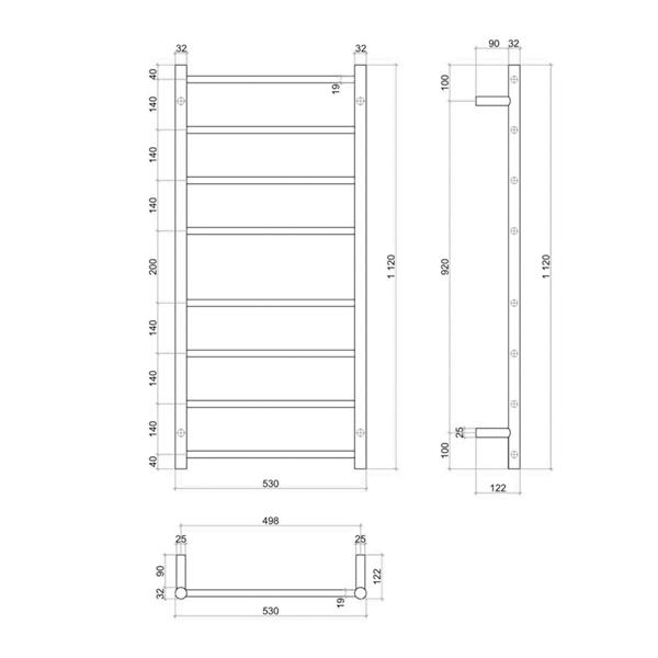 Thermogroup 8 Bar Straight Round Ladder Heated Towel Rail - Stainless Steel - Wellsons