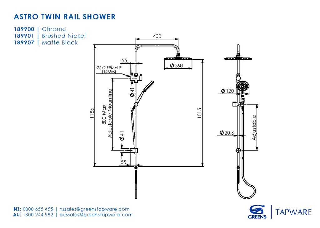 Greens Astro Combination Twin Rail Shower - Matte Black - Wellsons