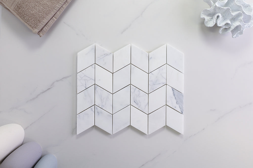 Deca White Honed Chevron Tile