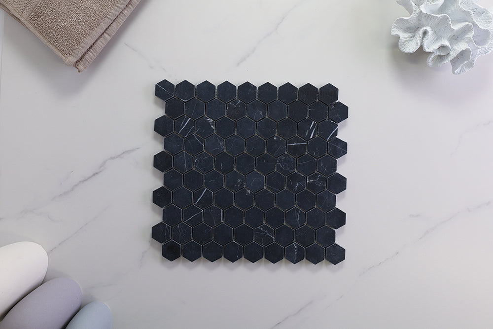 Deca Black Honed Hexagon Tile