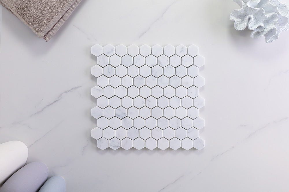 Deca White Carrara Honed Hexagon Tile