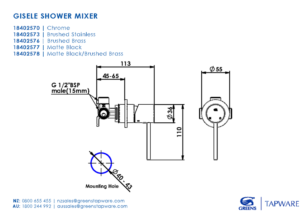 Greens Gisele Shower Mixer - Brushed Brass - Wellsons