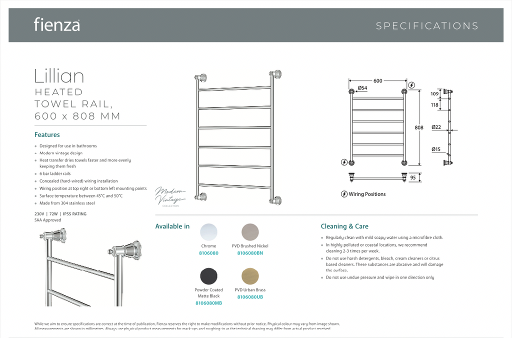 Fienza Lillian Heated Towel Rail - Brushed Nickel