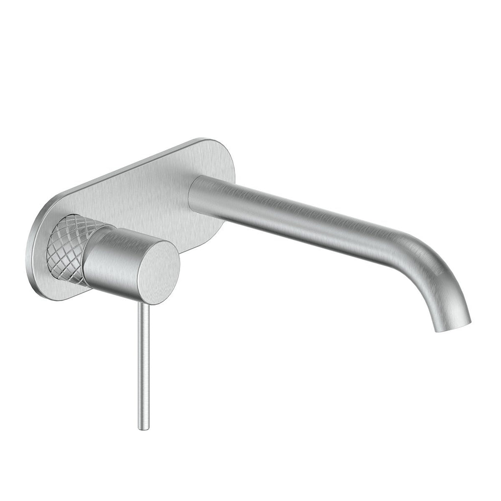 Greens Textura Wall Basin-Bath Mixer with Plate - Brushed Stainless - Wellsons