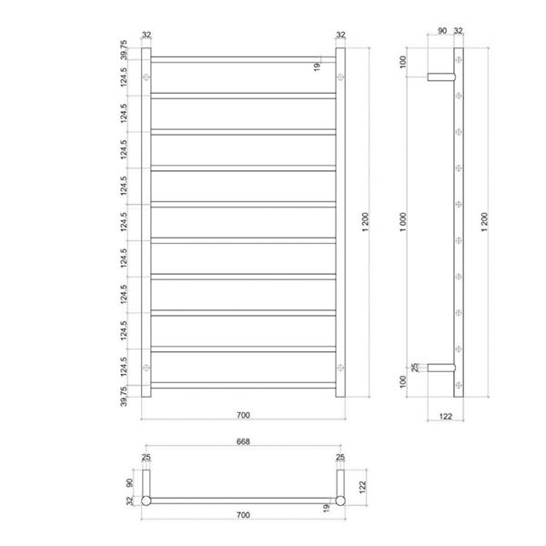 Thermogroup 10 Bar Straight Round Heated Ladder Rail - Matte Black - Wellsons