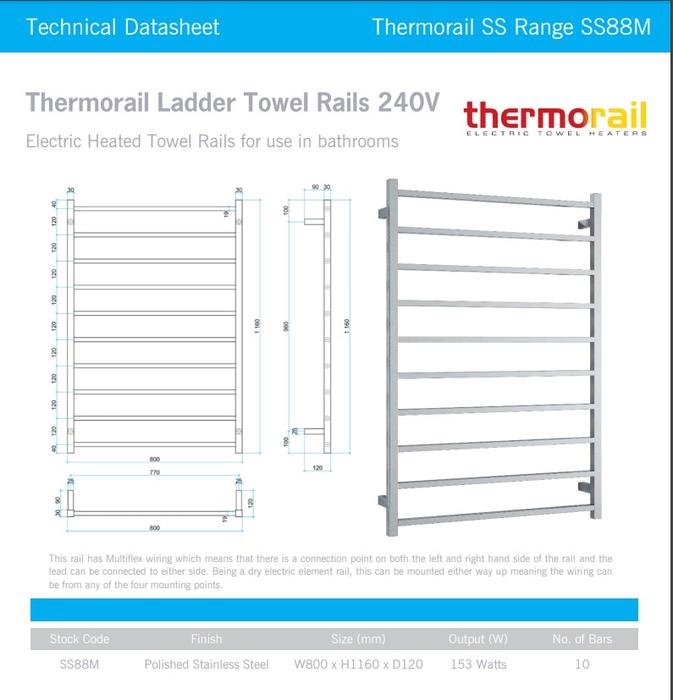 Thermogroup Straight Square Ladder Heated Towel Rail - Stainless Steel - Wellsons