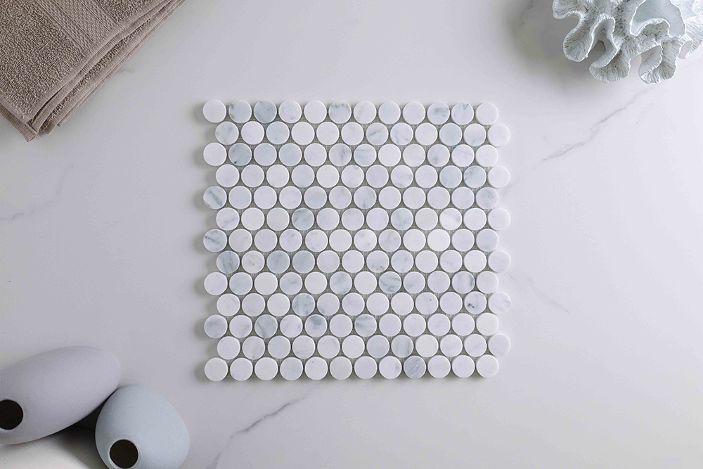 Infinity White Penny Carrara Round Mosaic