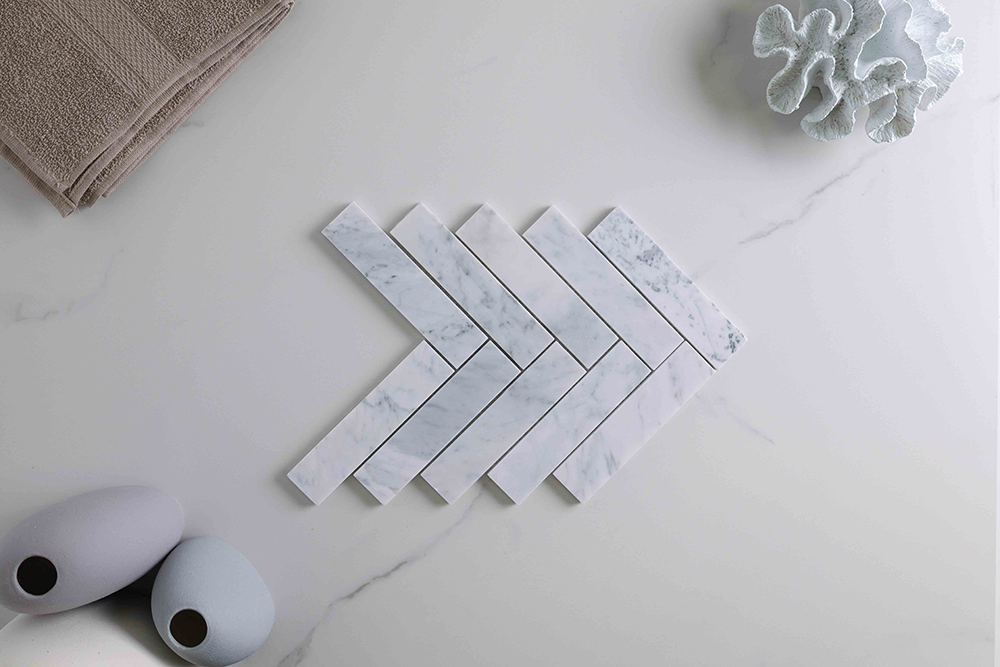 Trinity White Carrara Herringbone Mosaic
