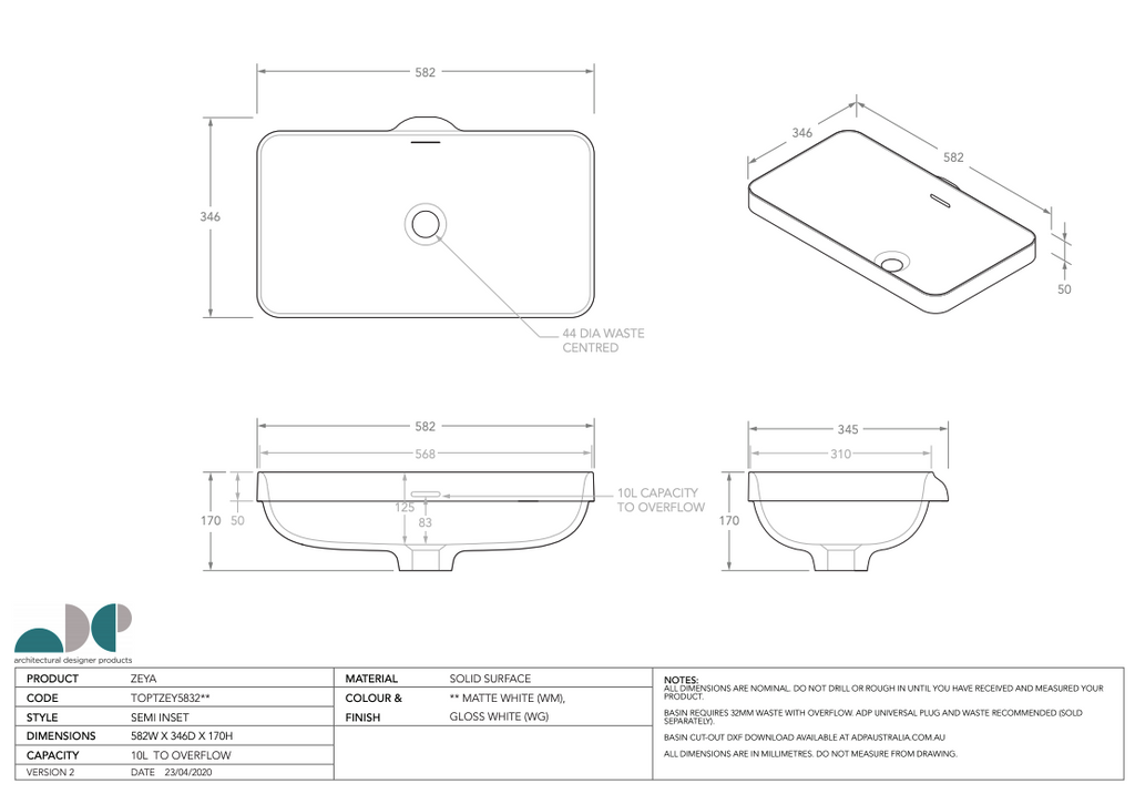 ADP Zeya Solid Surface Basin - Matte White - Wellsons