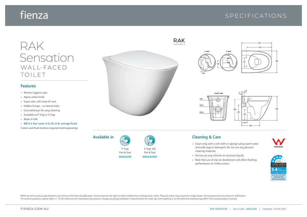 Fienza Rak Sensation Wall-Faced Suite - Wellsons