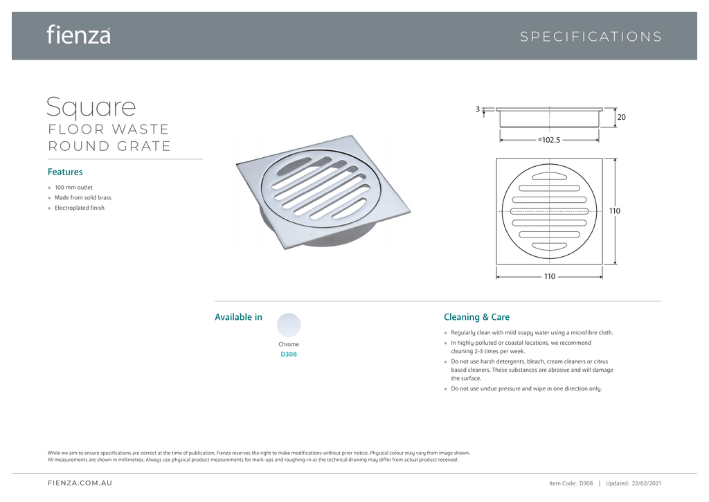 Fienza Square Floor Waste with Round Grate 100mm - Wellsons