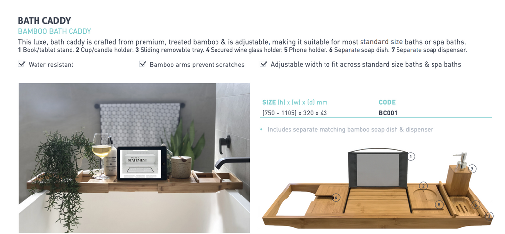 Decina Bamboo Bath Caddy, Soap Dish & Dispenser