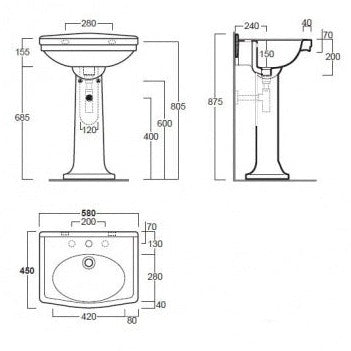 Turner Hastings Claremont 58x45 Basin & Pedestal - 1 Tap Hole