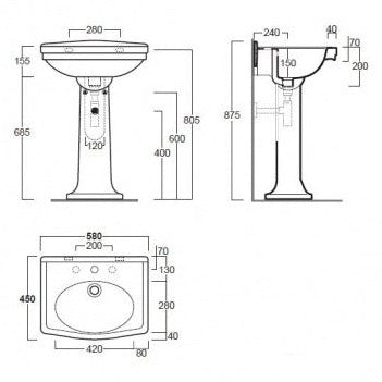 Turner Hastings Claremont 58x45 Basin & Pedestal - 3 Tap Hole