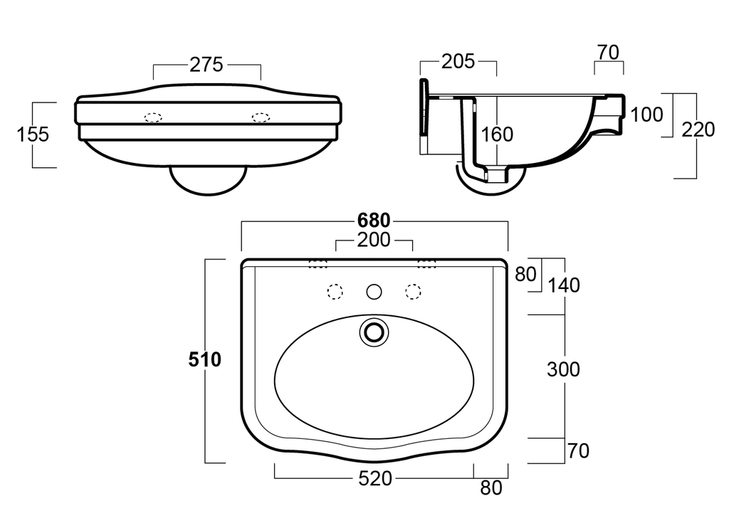 Turner Hastings Claremont 68x51 Basin - 3 Tap Hole