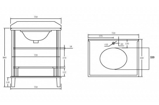 Turner Hastings Coventry 75x55 White Vanity with Marble Top - 3 Taphole