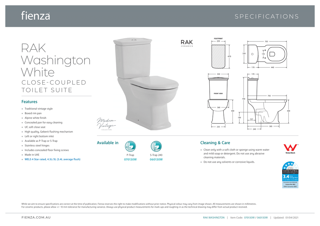 Fienza Rak Washington Close-Coupled Suite S-Trap 240 - White - Wellsons