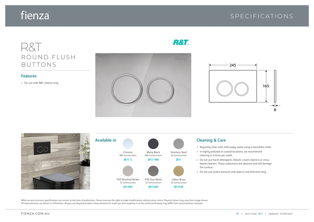 R&T PVD Urban Brass Round Button Flush Plate - Wellsons