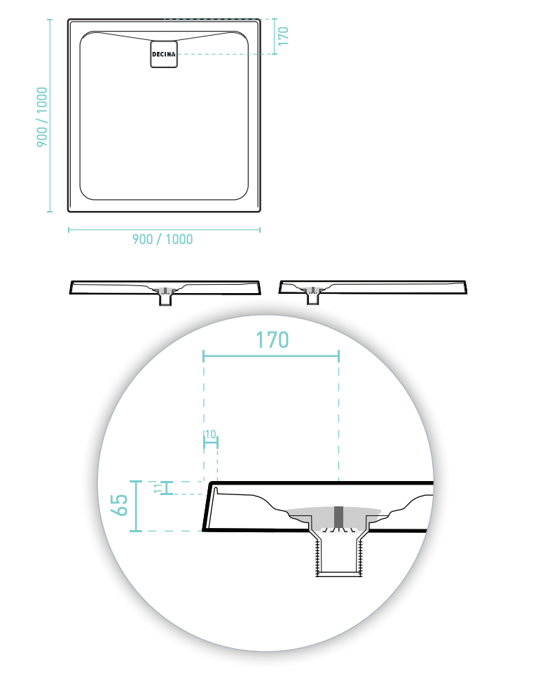 Decina Luna 900/1000mm Rear Waste Shower Base