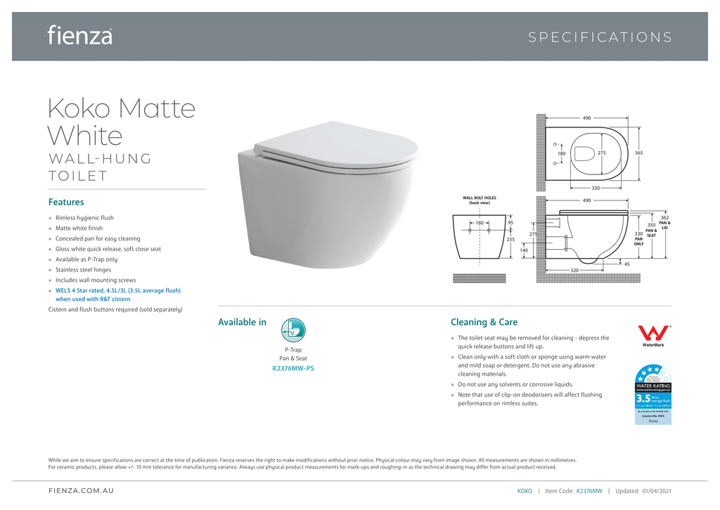 Fienza Koko Wall-Hung Suite - Matte White - Wellsons