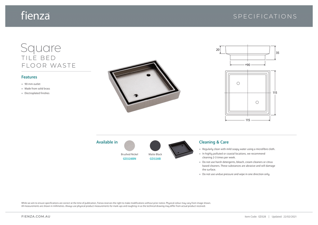 Fienza Square Tile Bed Floor Waste 90mm - Wellsons